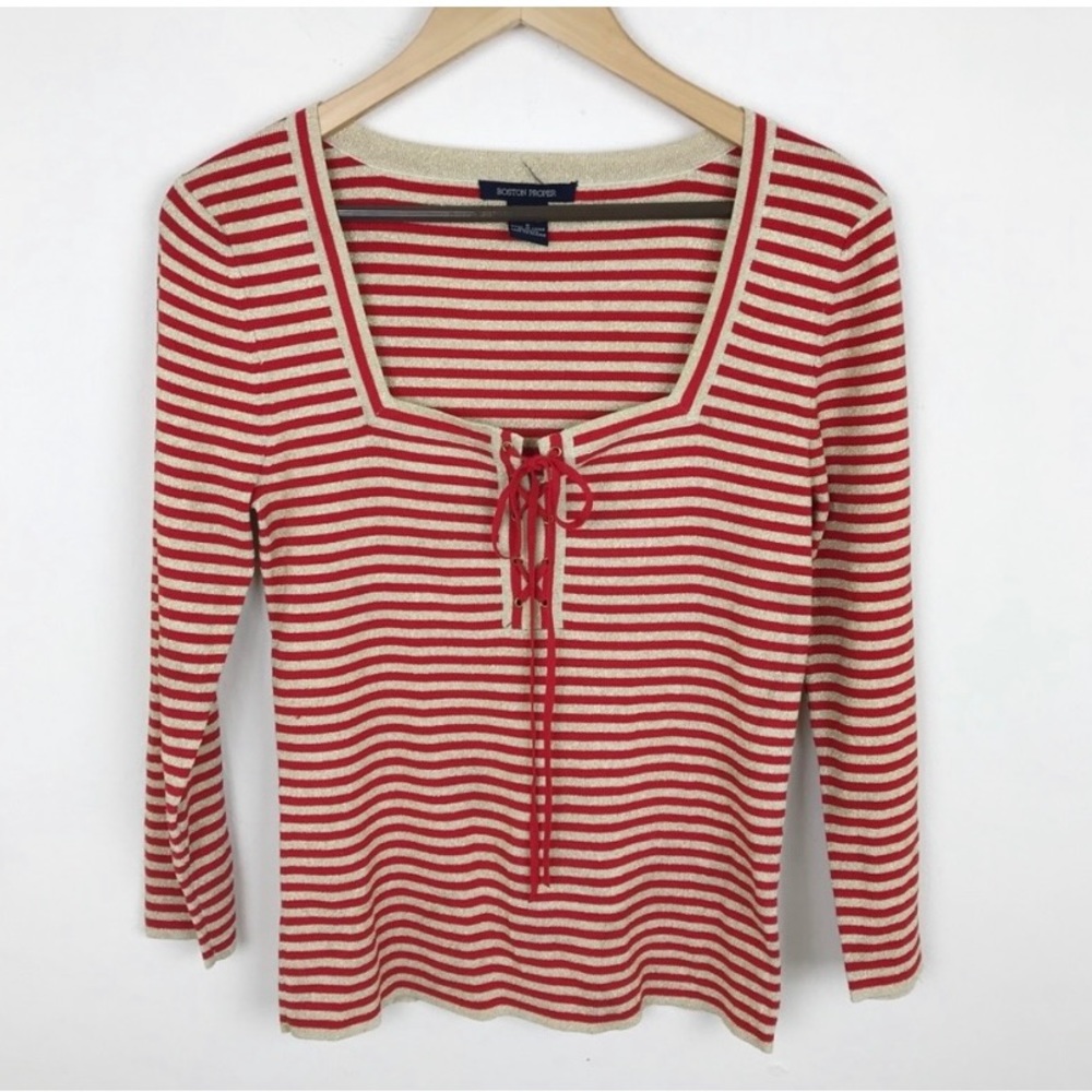 Boston Proper Red & Gold Glitter Blouse